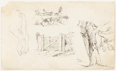 [Quatro estudos: parte posterior de um cavalo; vista campestre com cerca; porteira e vista parcial de árvore]