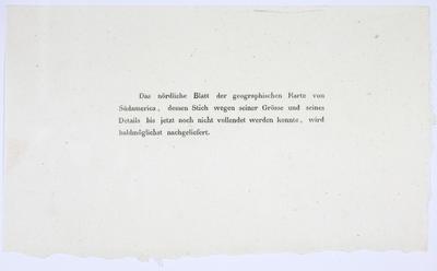 (A gravação da prancha norte da carta geográfica da América do Sul, a qual devido ao seu tamanho e seus detalhes não pode ser finalizada até o momento e será substituída assim que possível.)