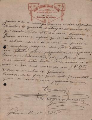 Carta a João Baptista Gonzaga acerca dos direitos autorais cobrados pela SBAT.