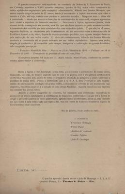 Carta acerca da construção do mausoléu de Francisco Manoel da Silva, autor do hino nacional brasileiro.