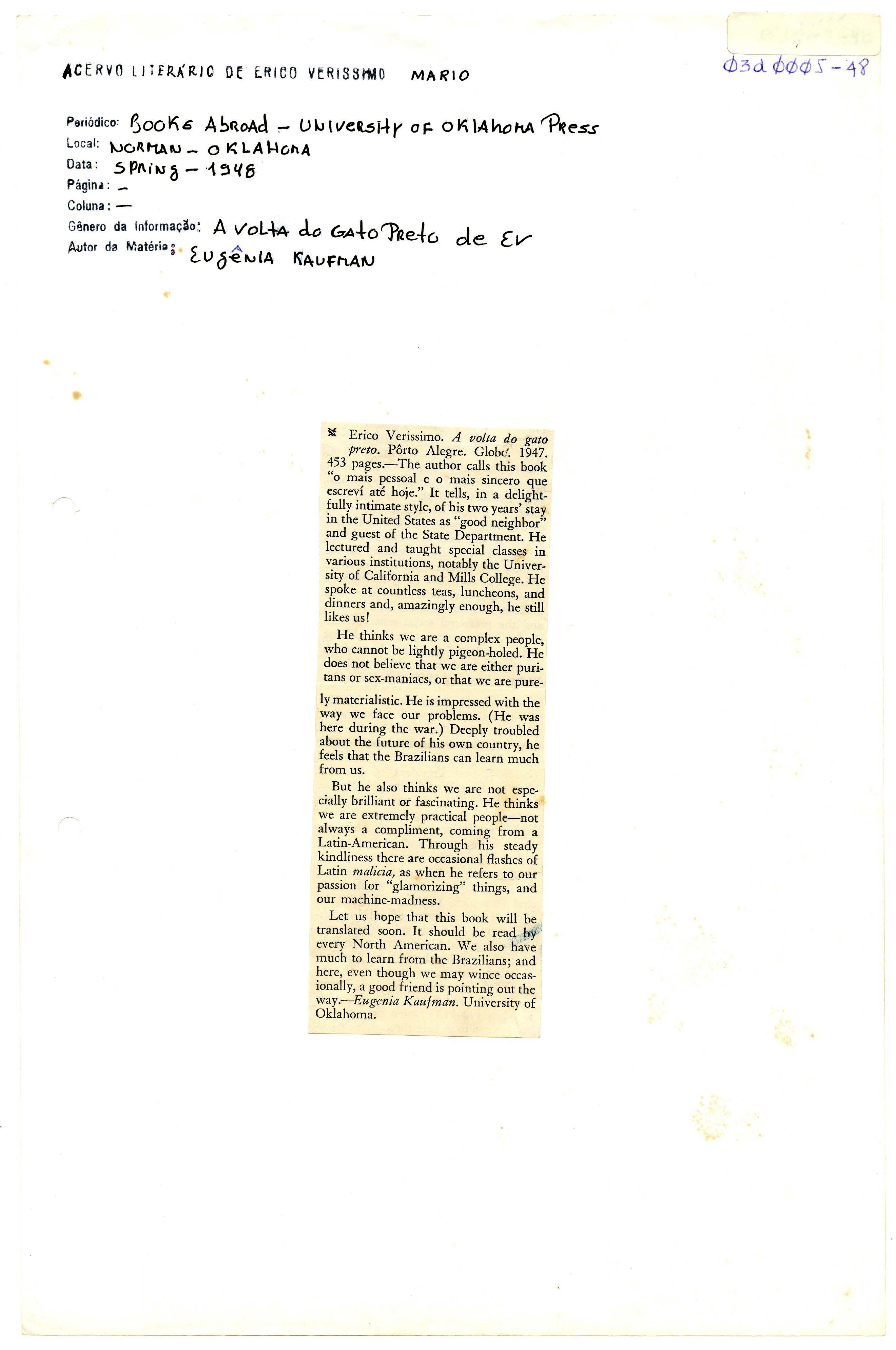 Erico Verissimo. A volta do gato preto...