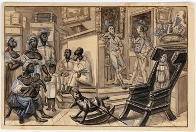 [Scène d'ouverture  d'une vente publique de nègres. Marchant de nègres et son maquignon]