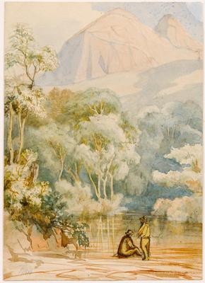 [Dois homens descansam à beira de rio, além de uma terceira figura e um boi]