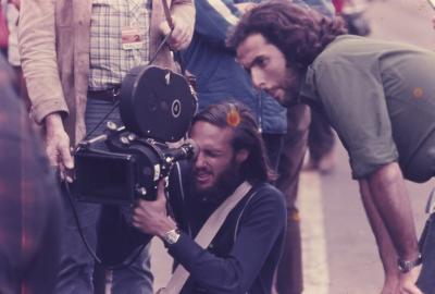 Jorge Bodanzky com Hector Babenco durante filmagens de "O Fabuloso Fittipaldi"