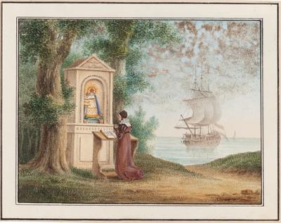 [Figura feminina orando em frente ao altar de Notre Dame de Bon Secours]