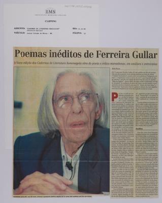 Poemas inéditos de Ferreira Gullar: Nova edição dos Cadernos de Literatura ho-;menageia obra do poeta e crítica maranhense, em análises e entrevistas