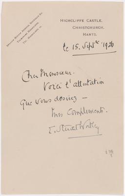 [Carta do Sr. Edward Stuart Wortley a Alberto Rangel, em 15 de setembro de 1926, em francês]