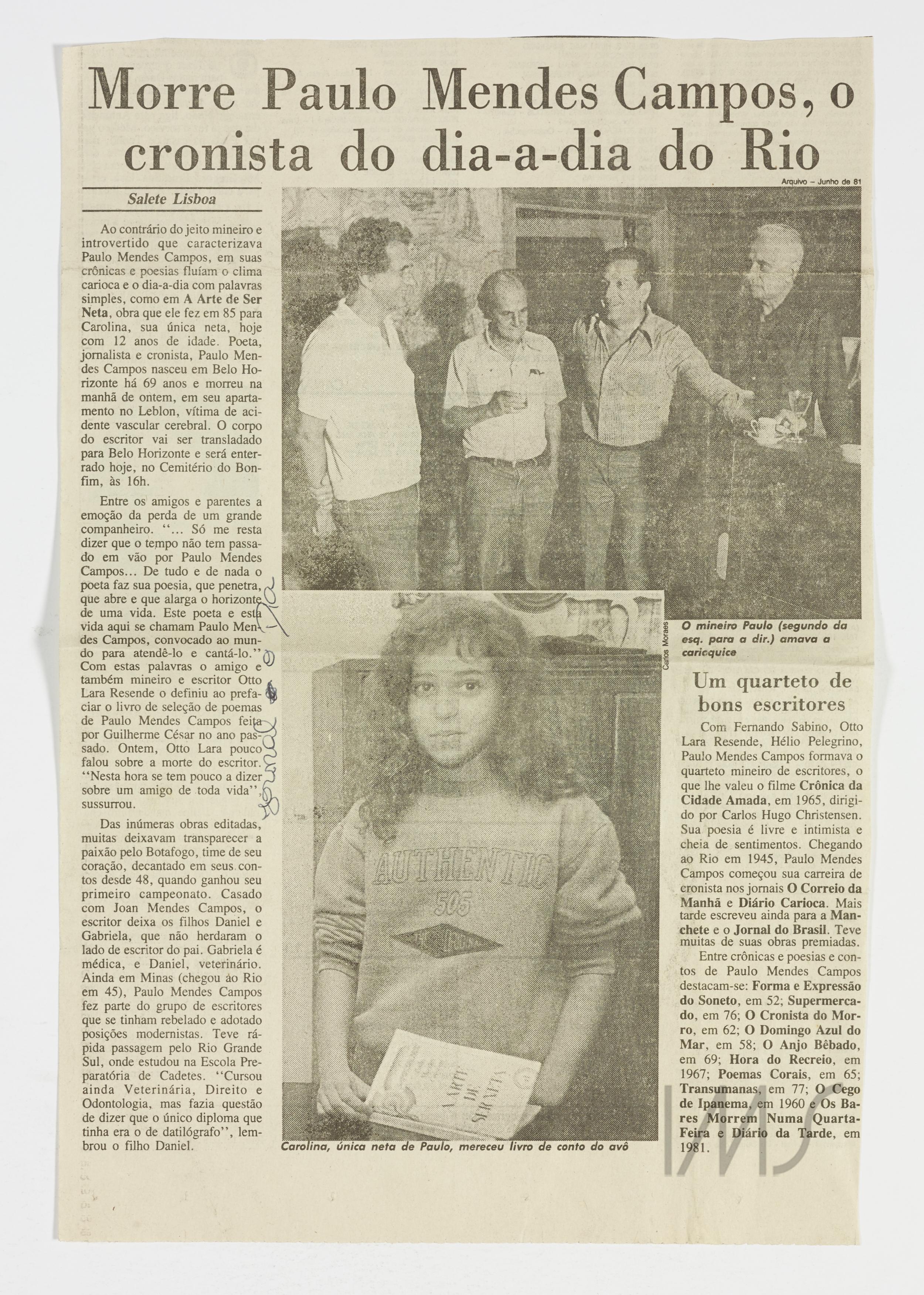 Morre Paulo Mendes Campos, o cronista do dia-a-dia do Rio