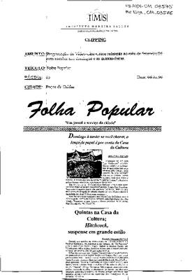 Domingo à tarde: se você chorar, o lenço de papel é por conta da Casa da ;Cultura;Quintas na Casa da Cultura; Hitchcock, suspense em grande estilo