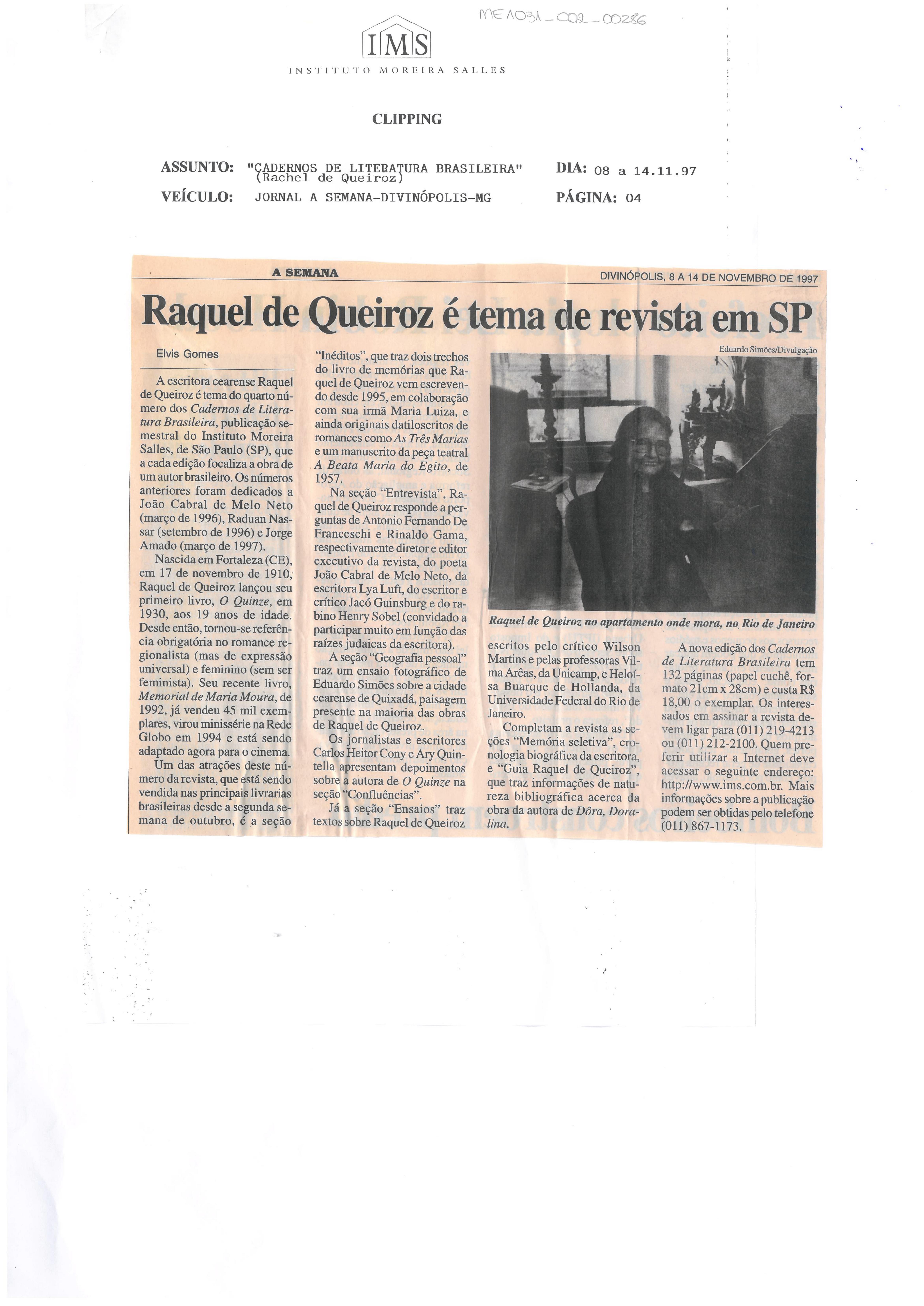 Raquel de Queiroz é tema de revista em SP