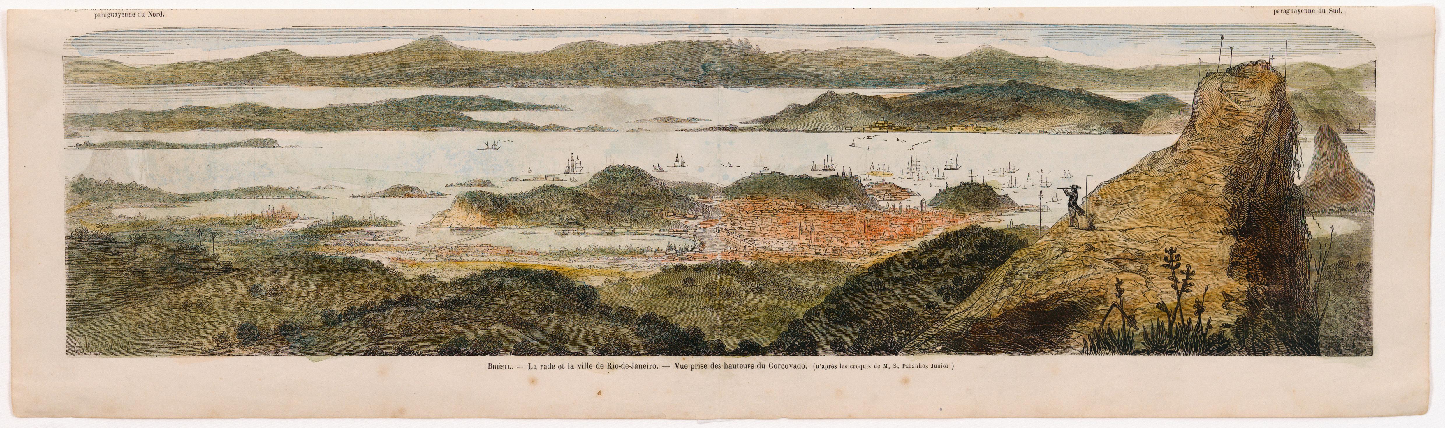 Brésil. - La rade et la ville de Rio-de-Janeiro. - Vue prise des hauteurs du Corcovado. (D'après les croquis de M.S. Paranhos Junior)