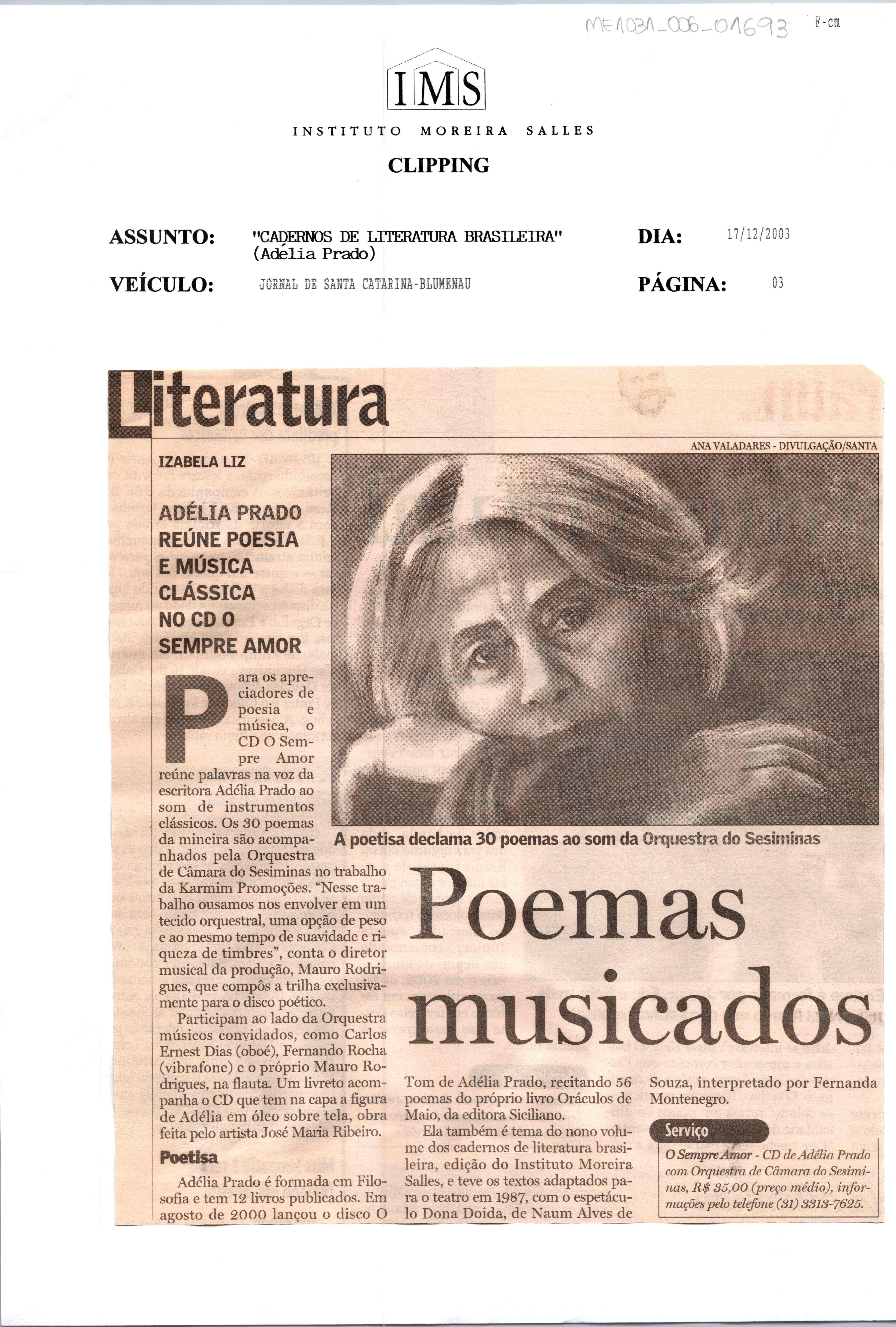 Adélia Prado reúne poesia e música clássica no Cd o Sempre Amor