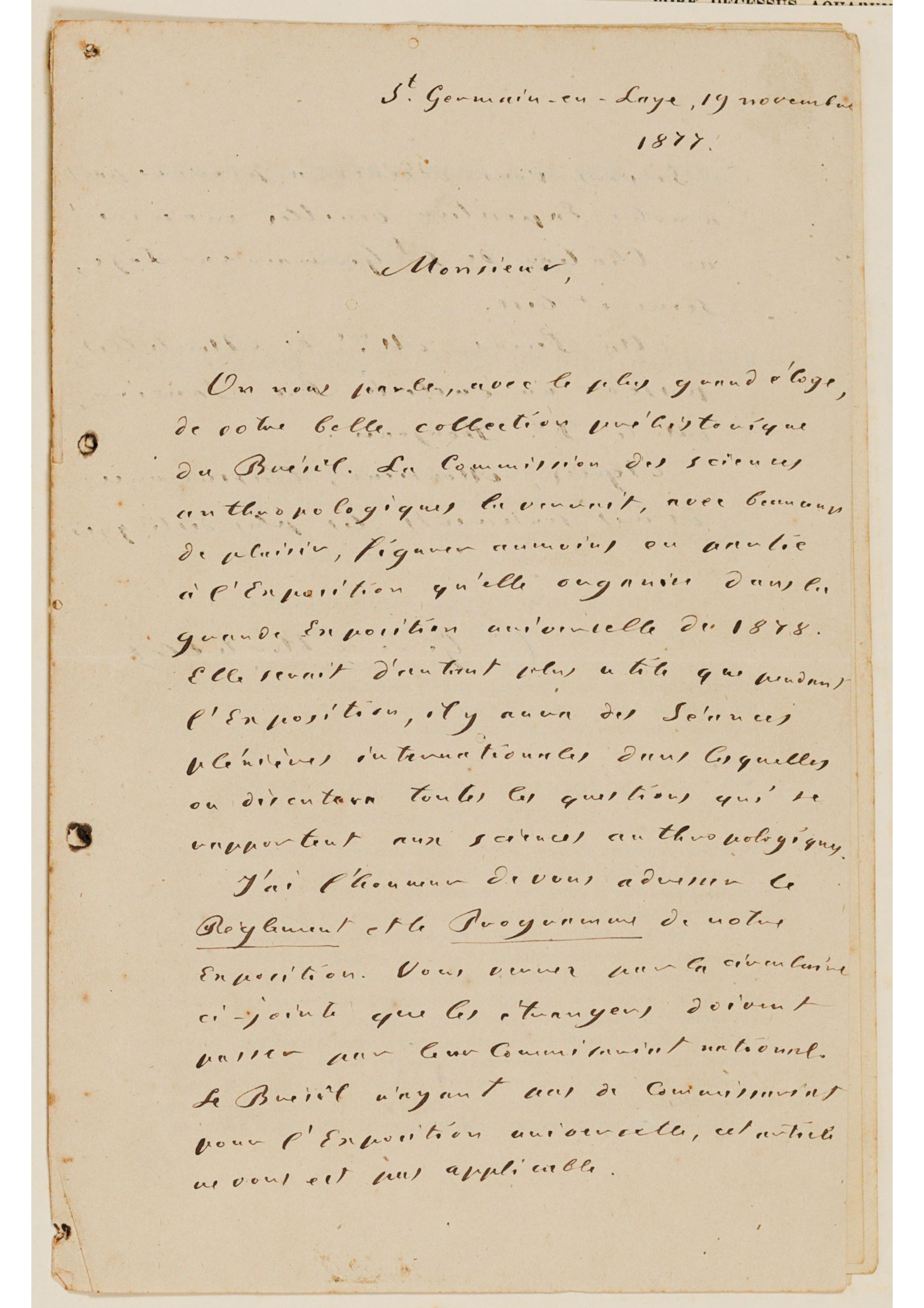 [Carta de G. de Montillet a João Barbosa Rodrigues [?], escrita de St. Germanin-em-Laye em 19 de novembro de 1877, acrescida de impressos da "Exposition Internationale de 1878, a Paris"]