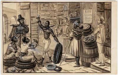 [Scène au Pied de la Colline de Ste. Therèse. Partie de l'Acqueduc de Rio Jan. Nègre affranchi donnant  à boire à ses compatriotes esclaves.]