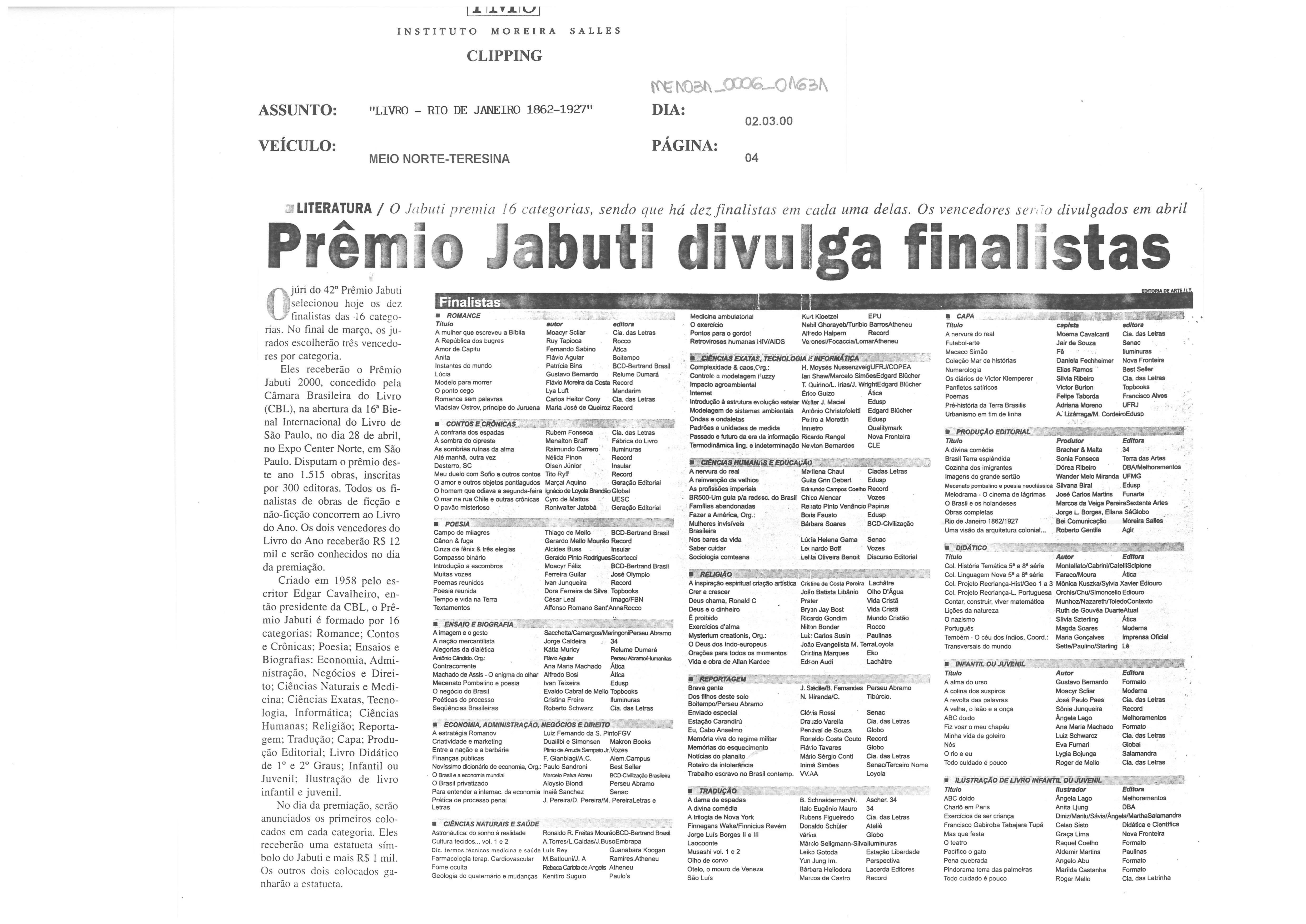 Prêmio Jabuti divulga finalistas