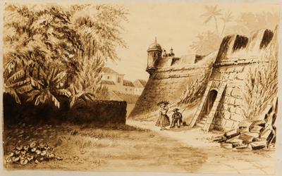 [Paisagem brasileira com figuras, uma fortaleza e casas]