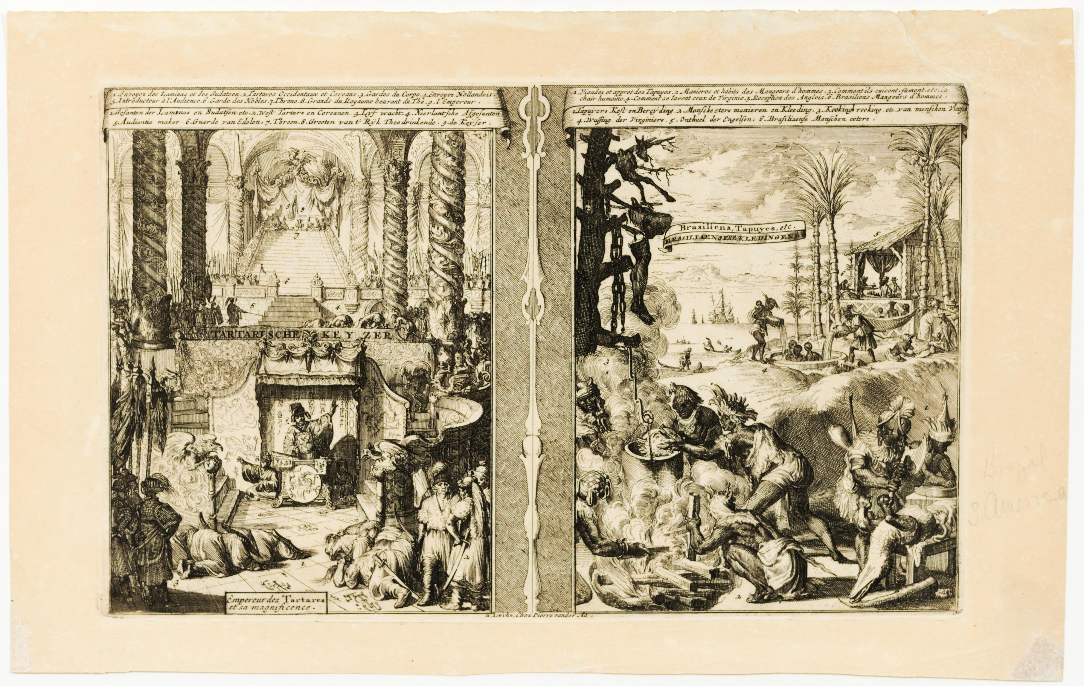 Tartarische Keyzer Empereur des Tartares et sa magnificence. Brasiliens, Tapuyes, etc. Brasiliænsche Kledingen. a Leide, Chez Pierre vander Aa. 36