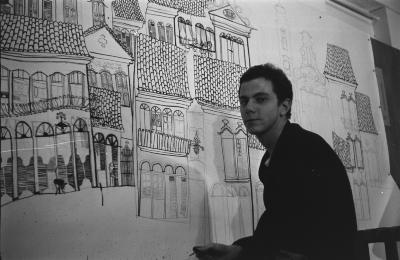 Construção de painel com Lena Coelho dos Santos, Luiz Carlos Ripper e outros alunos