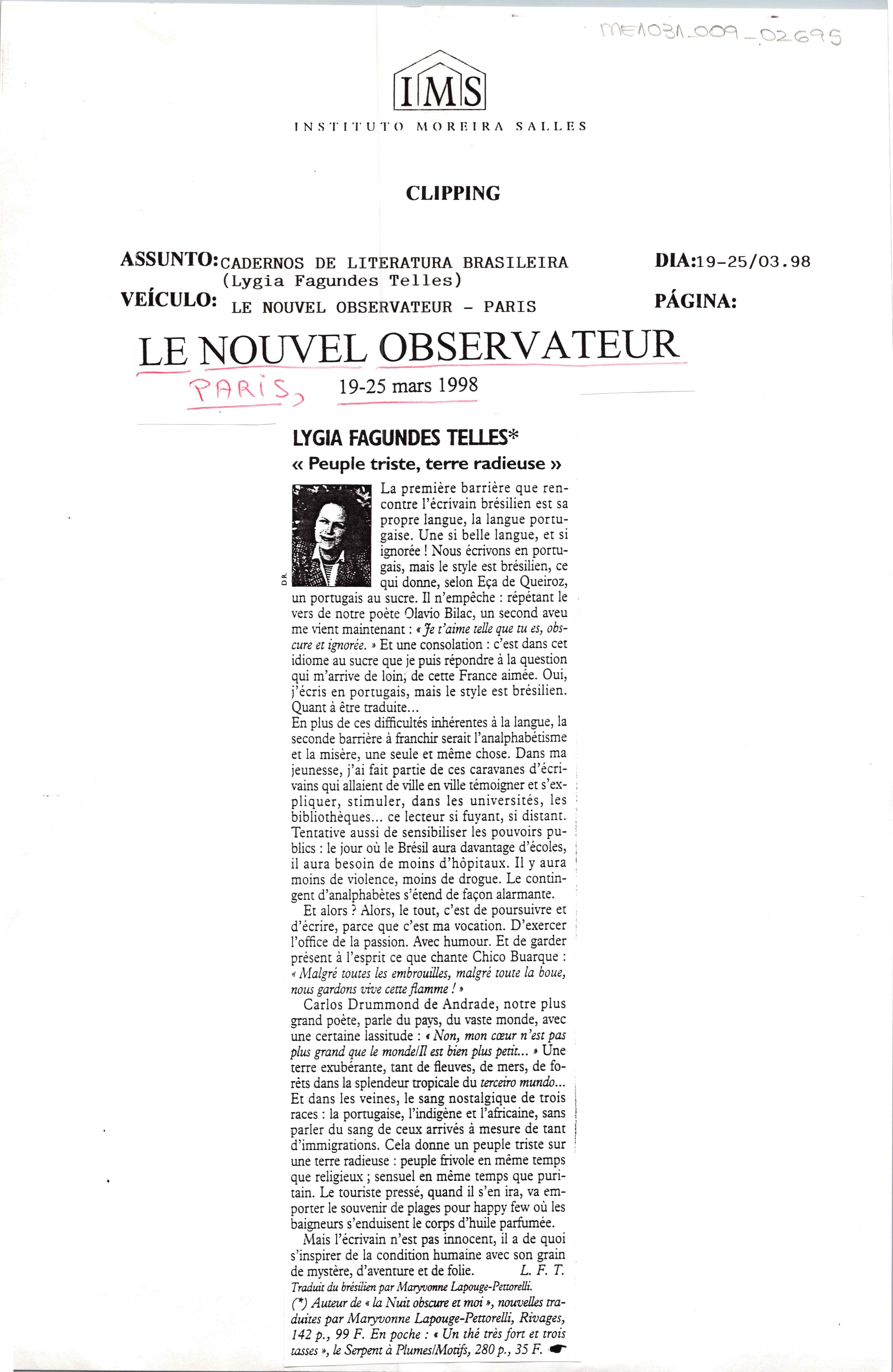 Lygia Fagundes Telles. Peuple triste, terre ;radieuse