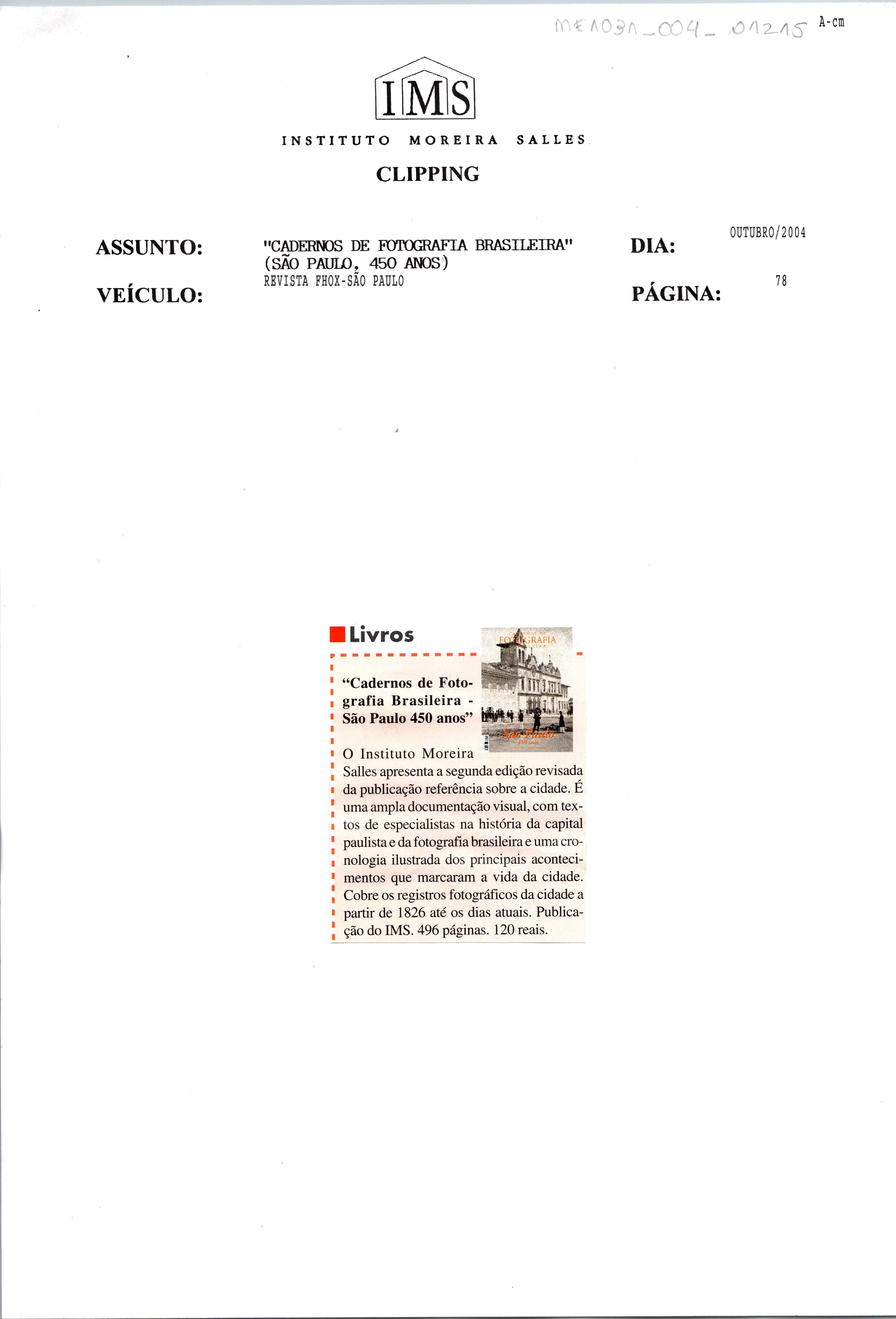 Livros: Cadernos de Fotografia Brasileira - São Paulo 450 anos