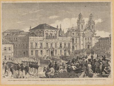 Palais de l'empereur du Brésil et église cathédrale de Rio-Janeiro. - Descente à terre de l'équipage de la frégate française l'Alcmène, pour aller entendre la messe. (Dessin de Thorigny, gravure de H. Linton.)
